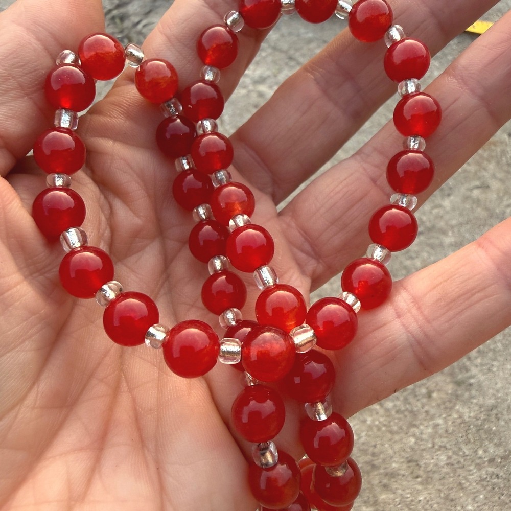 Red Round Bead Necklace Silver Tone Adjustable Extender Chain Beaded 22 Inch